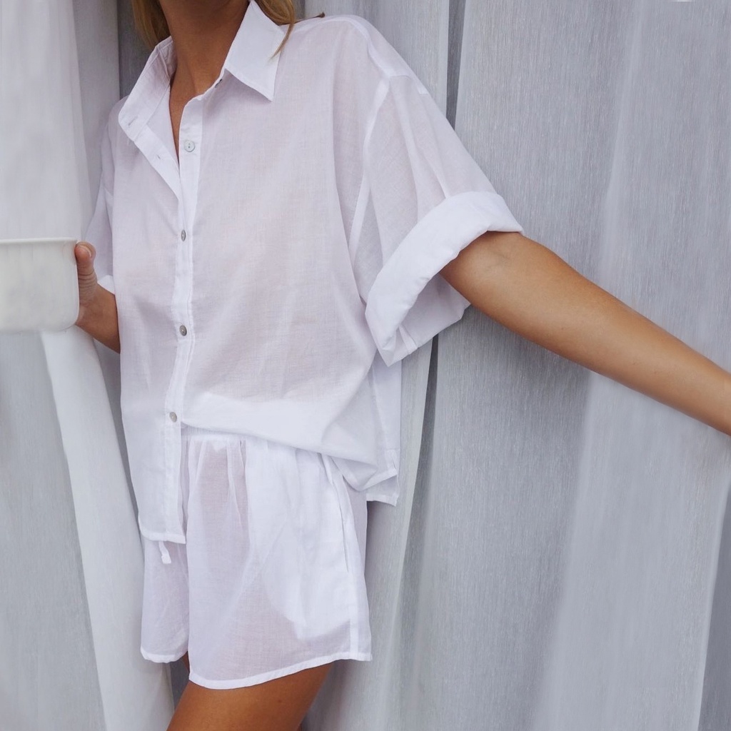 Set Áo Sơ Mi Tay Lỡ Cổ Bẻ Cài Nút + Quần Short Dây Rút Cá Tính Cho Nữ