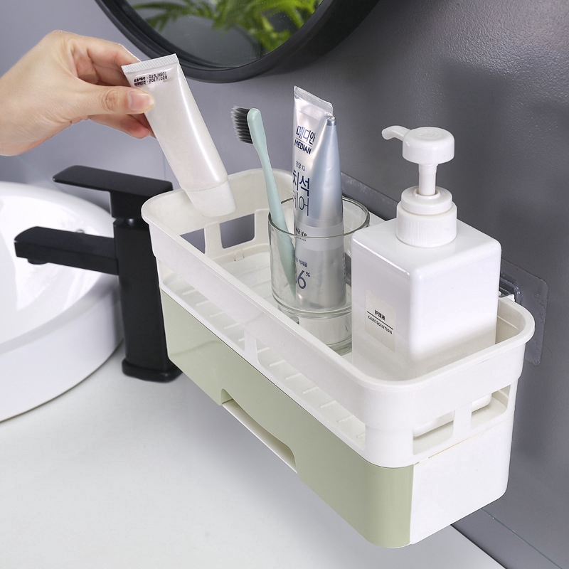 Kệ lưu trữ gắn tường không cần đục lỗ có ngăn kéo dùng trong nhà tắm đa năng tiện dụng