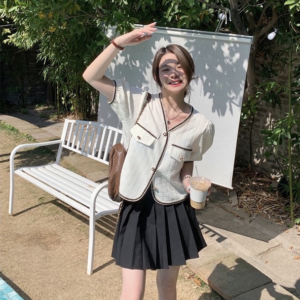 Áo dệt kim ZHELIHANGFEI tay ngắn cổ chữ V thời trang xinh xắn cho nữ