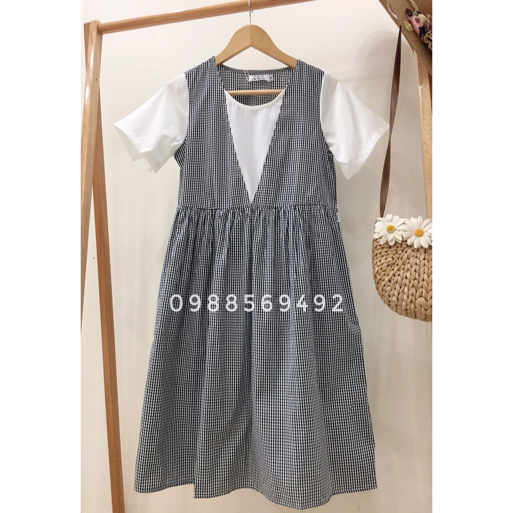 Váy Bầu ,Đầm Bầu Kẻ Caro Giả Yếm Cộc Tay MYC1114