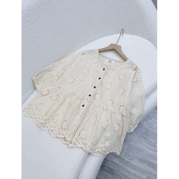 Áo babydoll ren thô dễ thương màu kem phong cách Nhật nữ tính điệu đà mang hằng ngày tiểu thư hàn quốc