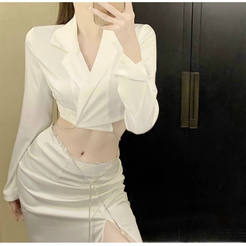 Sét áo vest lụa croptop kết đá chân váy dài xẻ tà