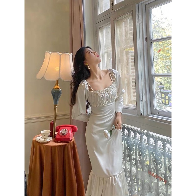 Váy dự tiệc Đầm lụa nữ đuôi cá tay phồng Hàn Quốc | BigBuy360 - bigbuy360.vn