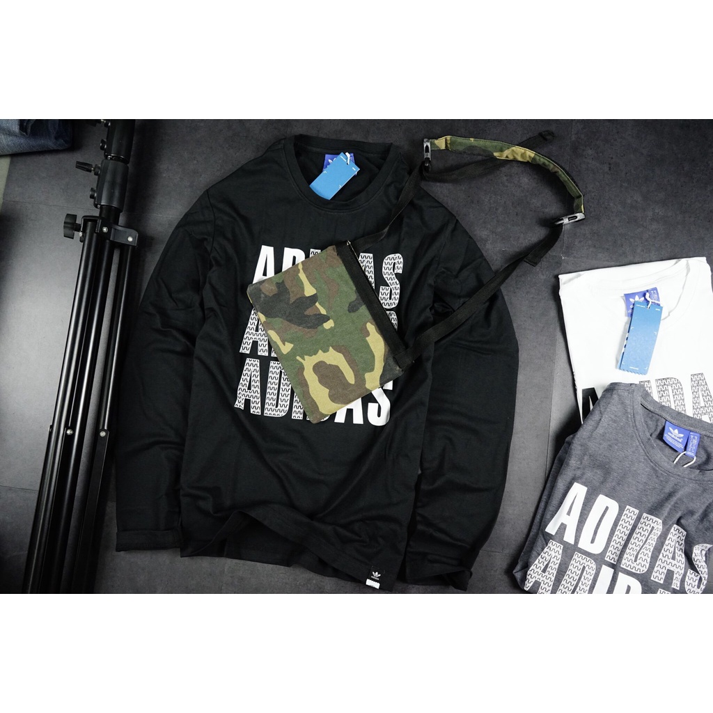 Áo thun nam dài tay cao cấp Adidas hàng dư chính hãng vải cotton co giãn cổ tròn họa tiết ép nhiệt không bong