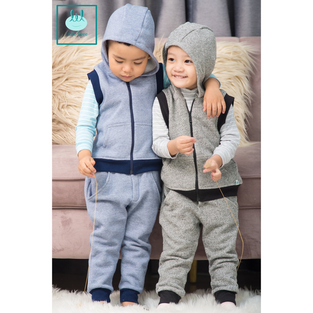 Bộ quần áo nỉ gilê cho trẻ 6-9m little love