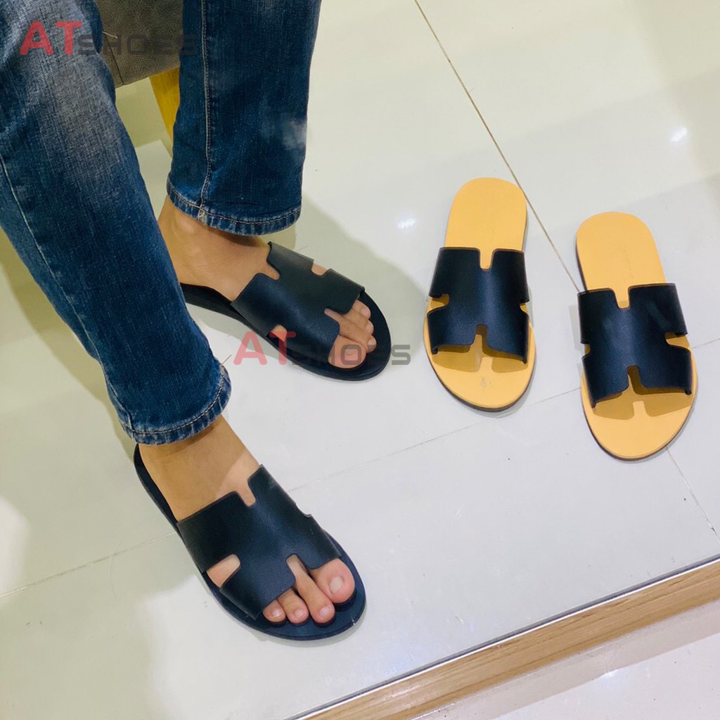 Dép Da Nam Cao Cấp Atshoes Dép chữ H Cao Cấp Da Bò Đế Caosu  Chống Nước HAT21(Đen_Nâu-Vàng)