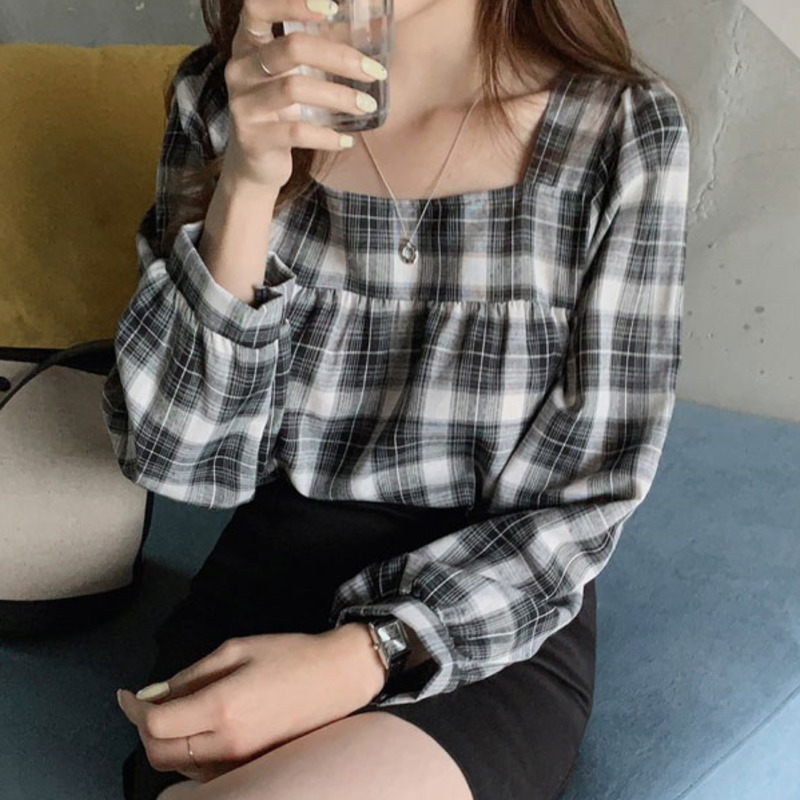 Áo Sơ Mi Ca Rô Dài Tay Cổ Vuông Theo Phong Cách Retro