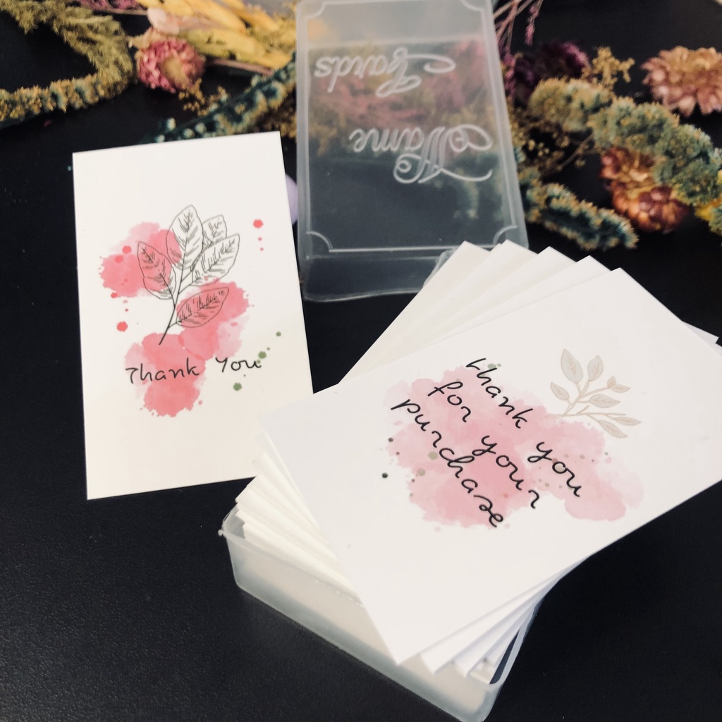 Hộp nhựa 100 thiệp cảm ơn, card cảm ơn, thank you card mẫu 50, 51.54 hình dễ thương dùng để tặng khách hàng