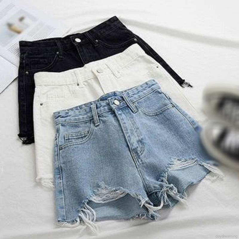 Quần Short Denim Lưng Cao Ống Rộng Thiết Kế Xẻ Rách Cá Tính