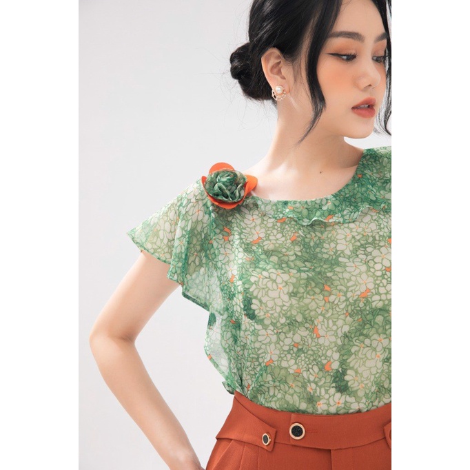 Áo sơ mi hoạt tiết hoa xanh lá hãng NEM size 6