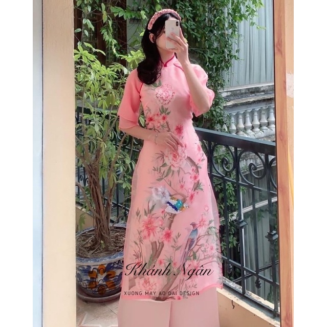 Áo dài cách tân 4 tà tay 2 lớp màu hồng đào chim đính kết sang trọng