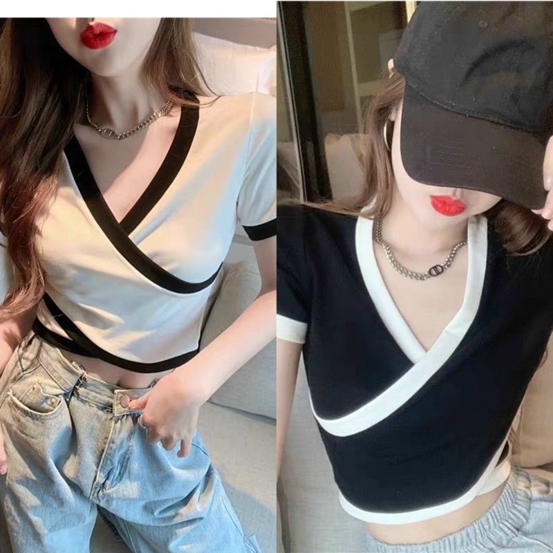 Áo thun nữ,áo thun phối viền đen trắng cổ V chất thun bo zip dày dặn , co giãn thoải mái A10