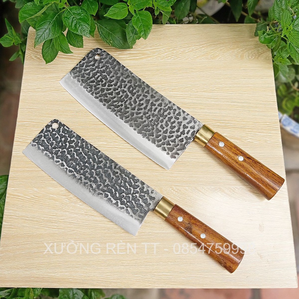 Bộ 2 Dao Chặt, Thái Rèn Từ Thép Nhíp Dập Vân 2 Mặt Cao Cấp - Cán Cẩm Chỉ Khâu Đồng