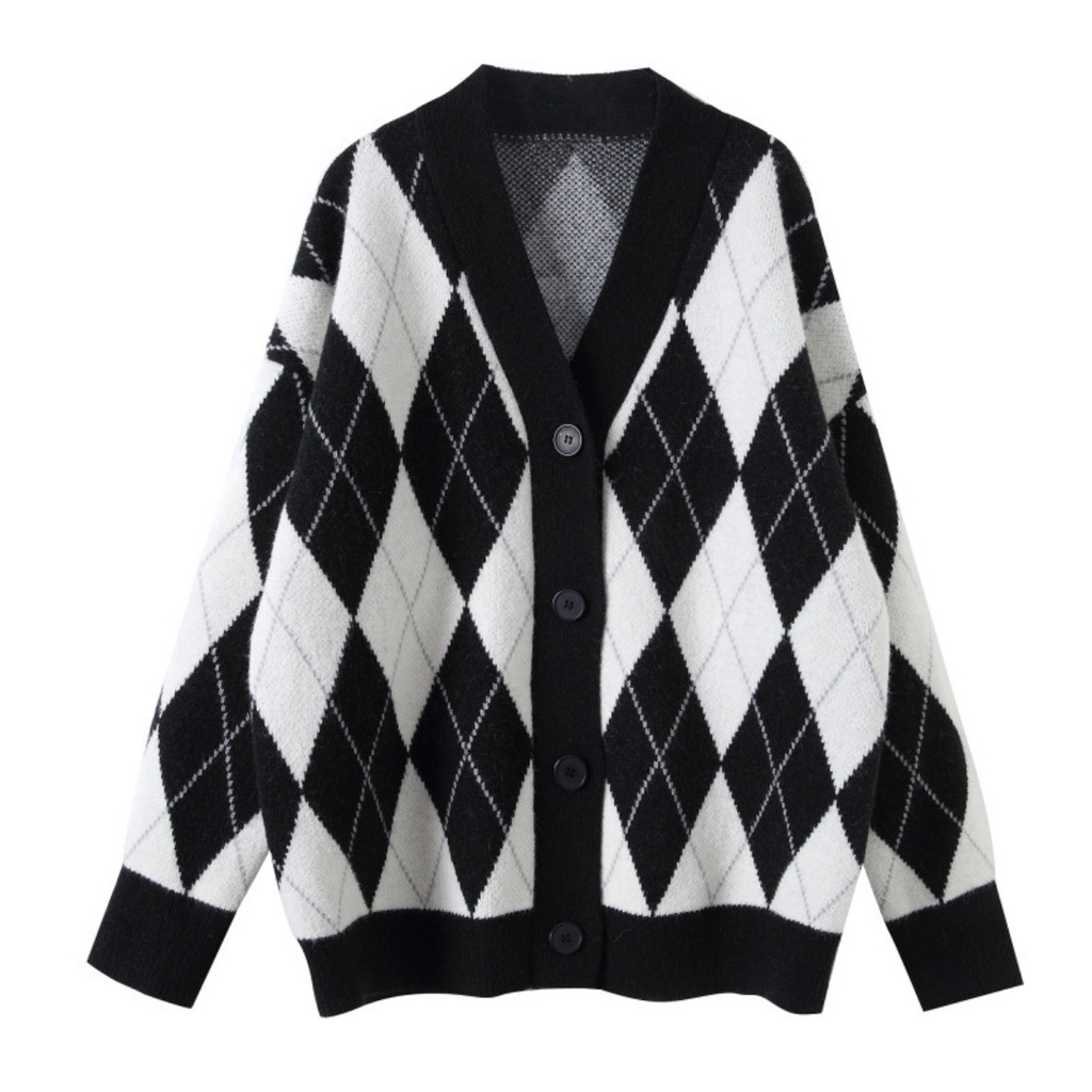 Áo len nữ cardigan dáng dài họa tiết caro màu đen sang chảnh A519 SUTANO