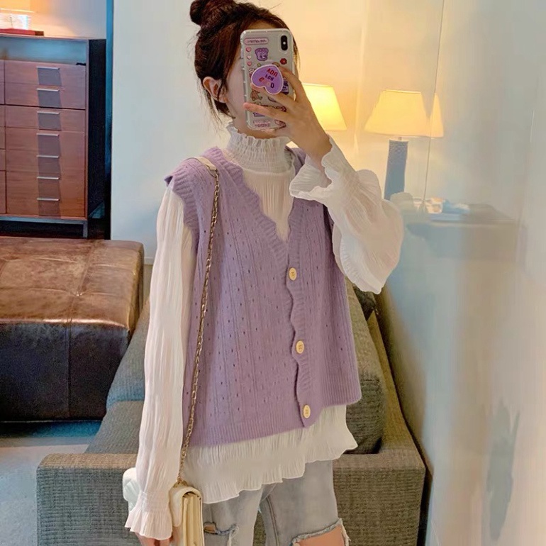 Áo len gile phối bèo lông thỏ viền lượn sóng mix cúc basic tiểu thư điệu đà ONE UNISEX | BigBuy360 - bigbuy360.vn