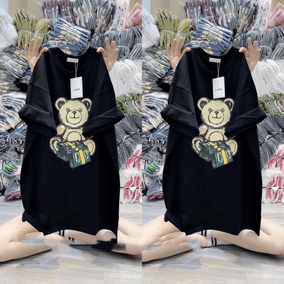 HOT Áo Phông Coton Khô Hình Gấu Form Rộng Unisex Nam Nữ