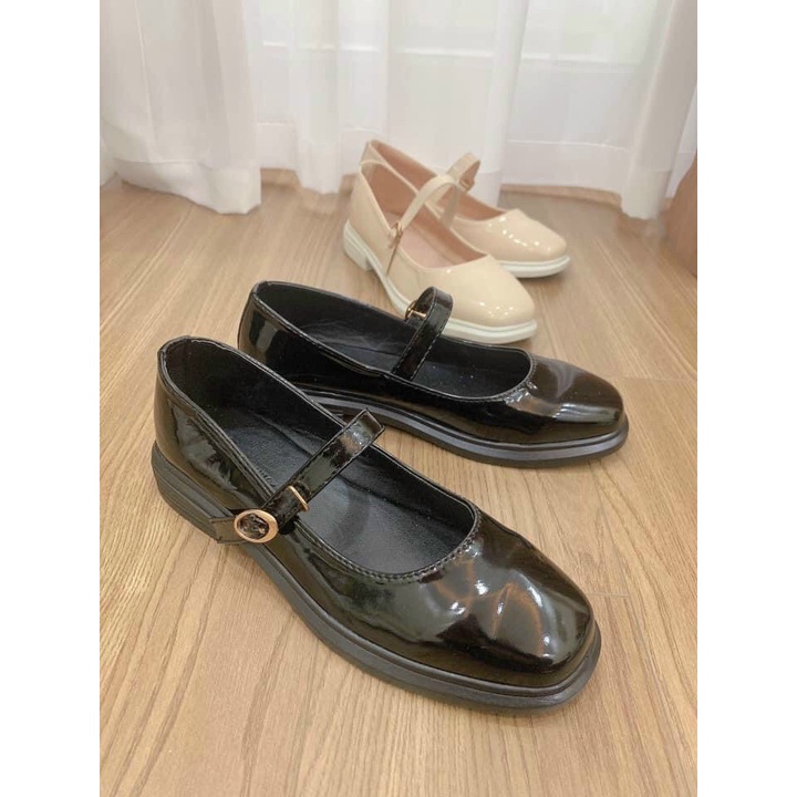 Giày búp bê da bóng phối quai cài xinh xắn