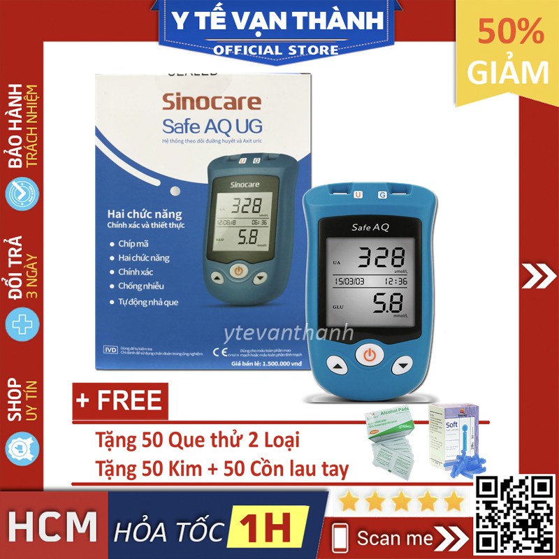 ✅ Máy Đo Đường Huyết + Axit Uric: Sinocare Safe AQ UG (Đức) (Trọn Bộ 50 Que, 50 Kim, Tặng CỒN) - BH Trọn Đời -VT0594