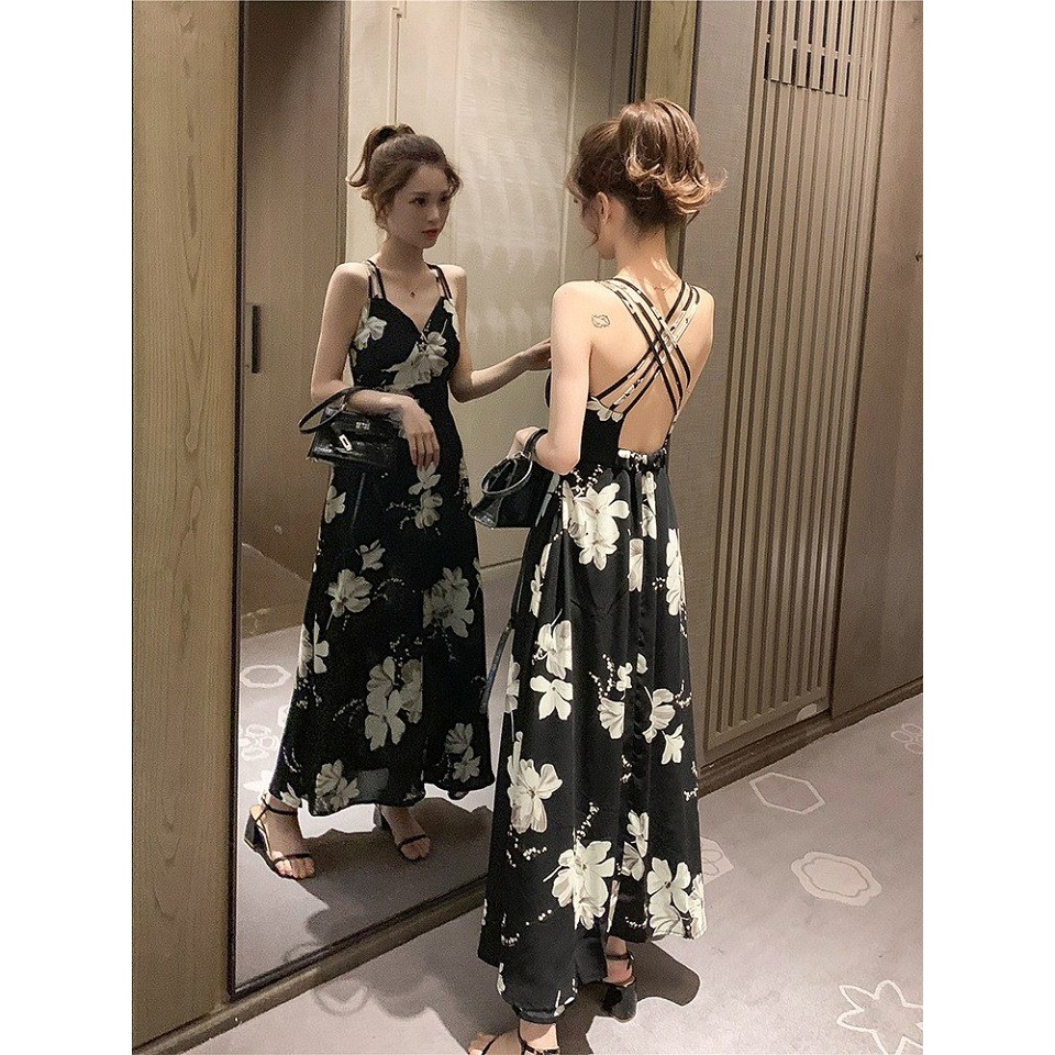 Đầm maxi hoa đi biển hở lưng phong cách Hàn Quốc siêu quyến rũ (kèm ảnh thật)