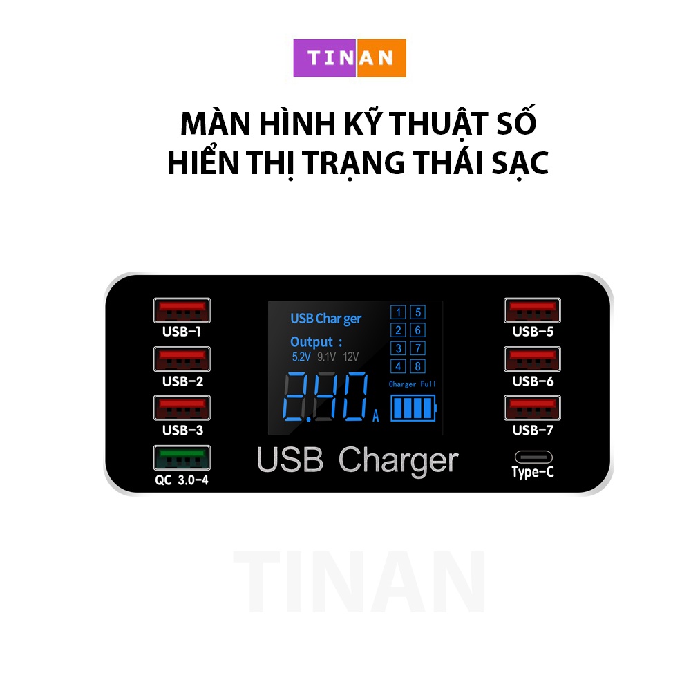 Bộ Sac Nhanh 8 Cổng A9+ USB 3.0 TypeC 40W, Màn Hình LED Cho Điện Thoại iOS và Android
