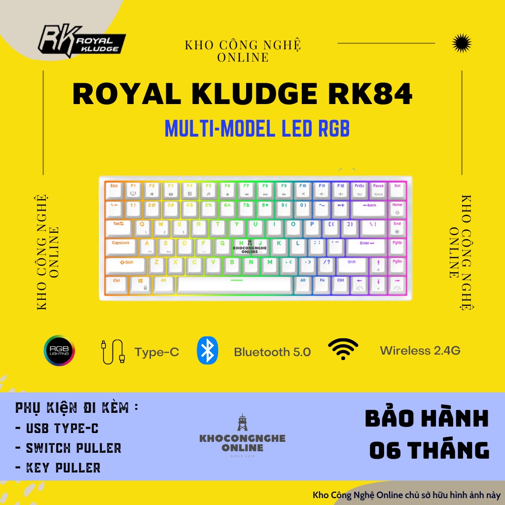 Bàn phím cơ máy tính Royal Kludge RK84 Hotswap kết nối 3 chế độ (Bluetooth 5.0  | Wireless 2.4G | Dây type C)