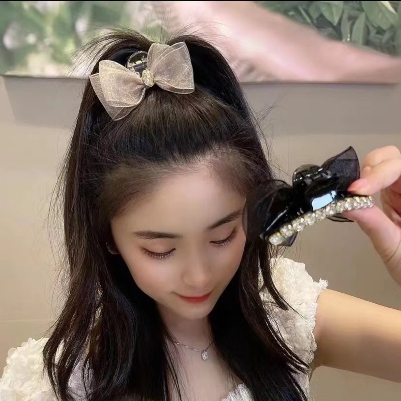 Kẹp tóc nơ lưới đính đá đính ngọc dễ thương, kẹp tóc mái sau đầu cho nữ phong cách Hàn Quốc