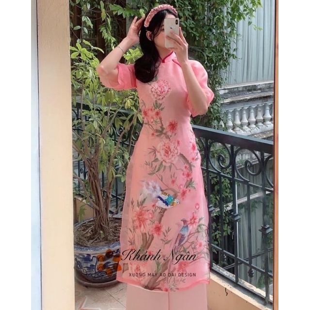 Áo dài cách tân 4 tà tay 2 lớp màu hồng đào chim đính kết sang trọng