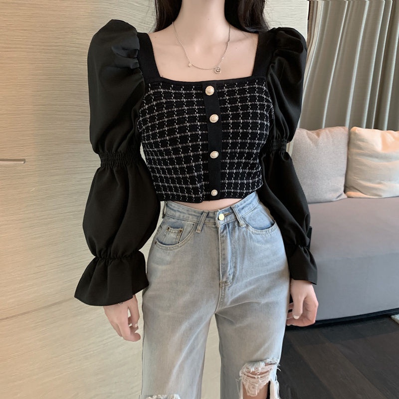 Áo len tay dài cổ vuông phong cách retro mới 2020