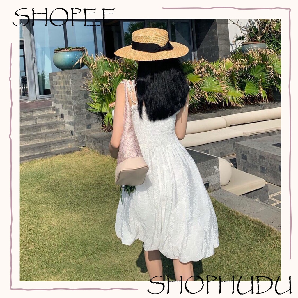 V001 Váy hai dây thắt nơ chun ngực viền bèo Ulzzang dáng xòe xinh xắn đầm voan mềm  Hàn Quốc cá tính phong cách