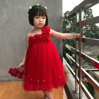 Đầm tutu cho bé ❤️freeship❤️ đầm tutu đỏ hoa hồng đỏ 6b tú cầu