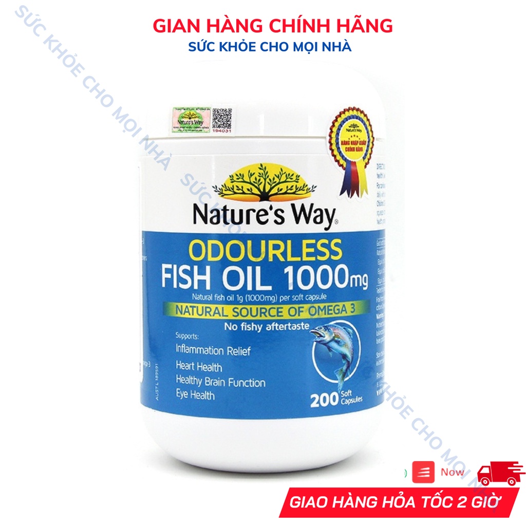 Viên uống dầu cá omega 3 DHA EPA Nature’s Way Odourless Fish Oil không mùi.Chai 100 viên suckhoechomoinha