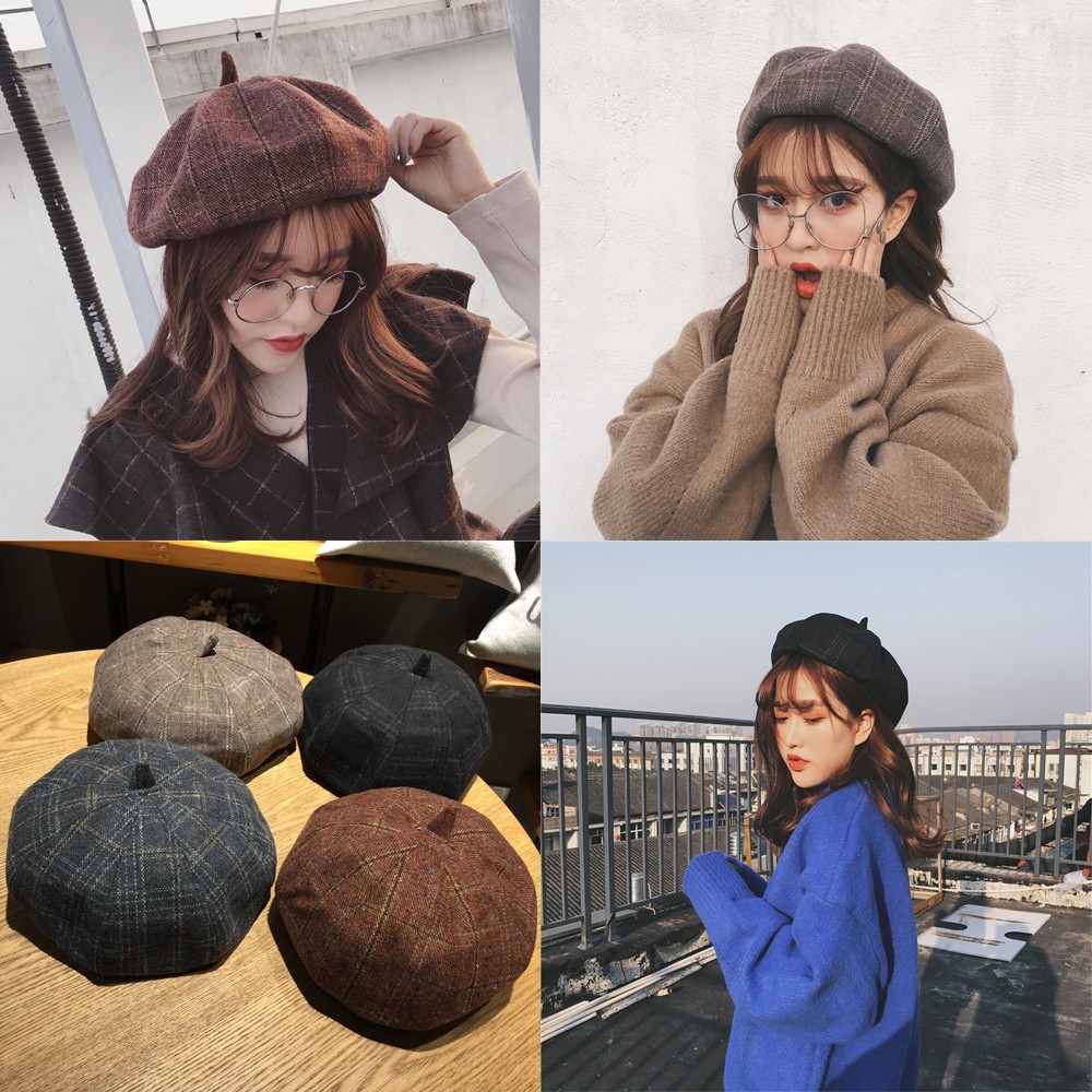 Mũ Nồi Beret Kẻ Caro Thời Trang Ulzzang Có Dây Rút 4 Màu Chất Dạ Mềm Dày Dặn ( mũ nón nữ )