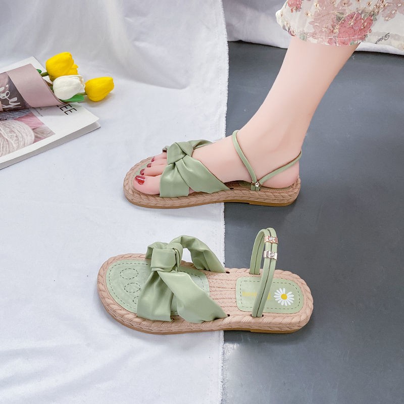 Sandals 2021 nữ mới mùa hè đế bệt kiểu cổ tích lưới phong cách người nổi tiếng siêu hot học sinh hai mang giày đi