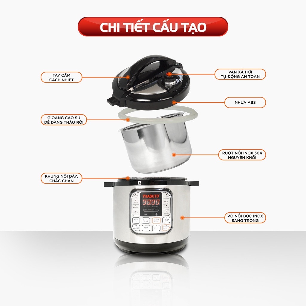 Nồi áp suất điện tử đa năng Masuto Nhật nấu cơm cháo hầm nhừ cực nhanh ruột Inox 304 siêu bền - Hàng chính hãng
