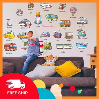 ⚡️𝗙𝗥𝗘𝗘𝗦𝗛𝗜𝗣⚡️ Decal dán tường Phương tiện giao thông tiếng anh-Tranh decal dán tường trang trí phòng cho bé