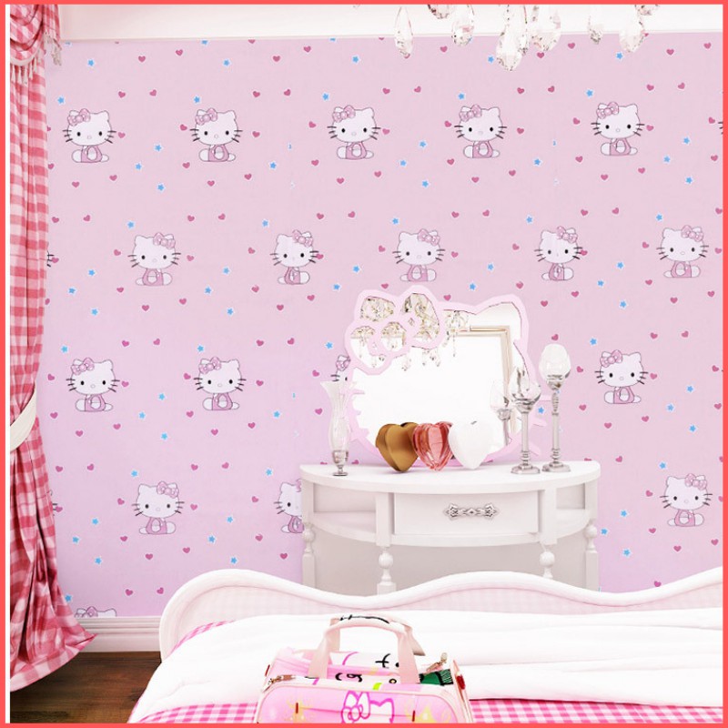 Gấy dán tường Hello kitty hồng trái tim khổ 45cm có keo sẵn (giá bán 1 mét dài), giấy decal dán tường phòng ngủ cho bé