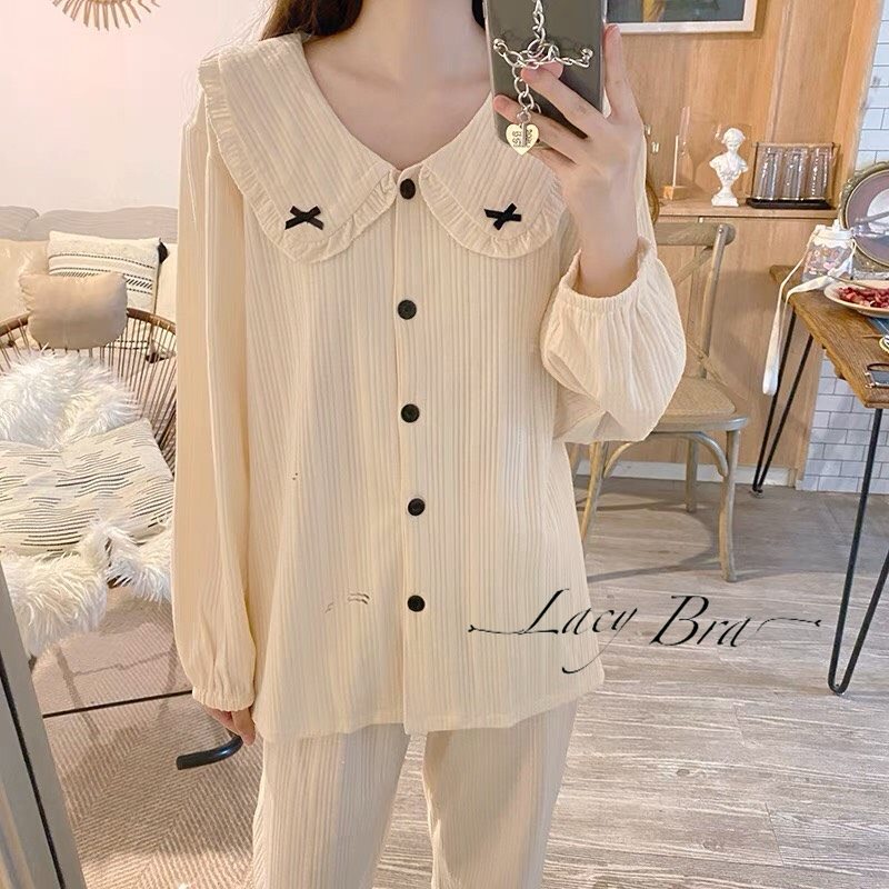 Bộ Pijama Dáng Dài Chất Tăm Mềm Phối Cổ Bèo Dễ Thương Lacy Bra - B18