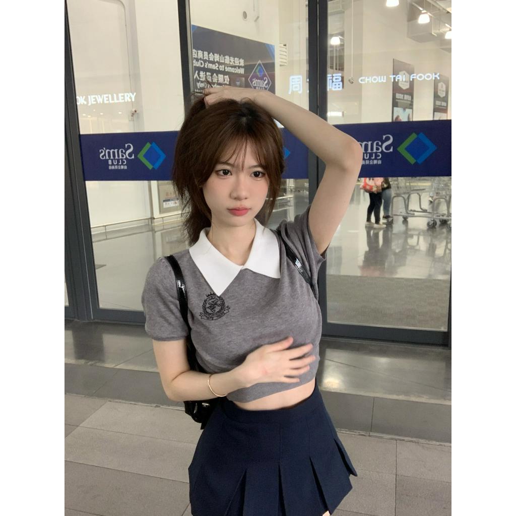 Áo Thun Dệt Kim Mỏng Cổ Mép Lật Ngắn Tay Thời Trang Mùa Hè Dành Cho Nữ 6347