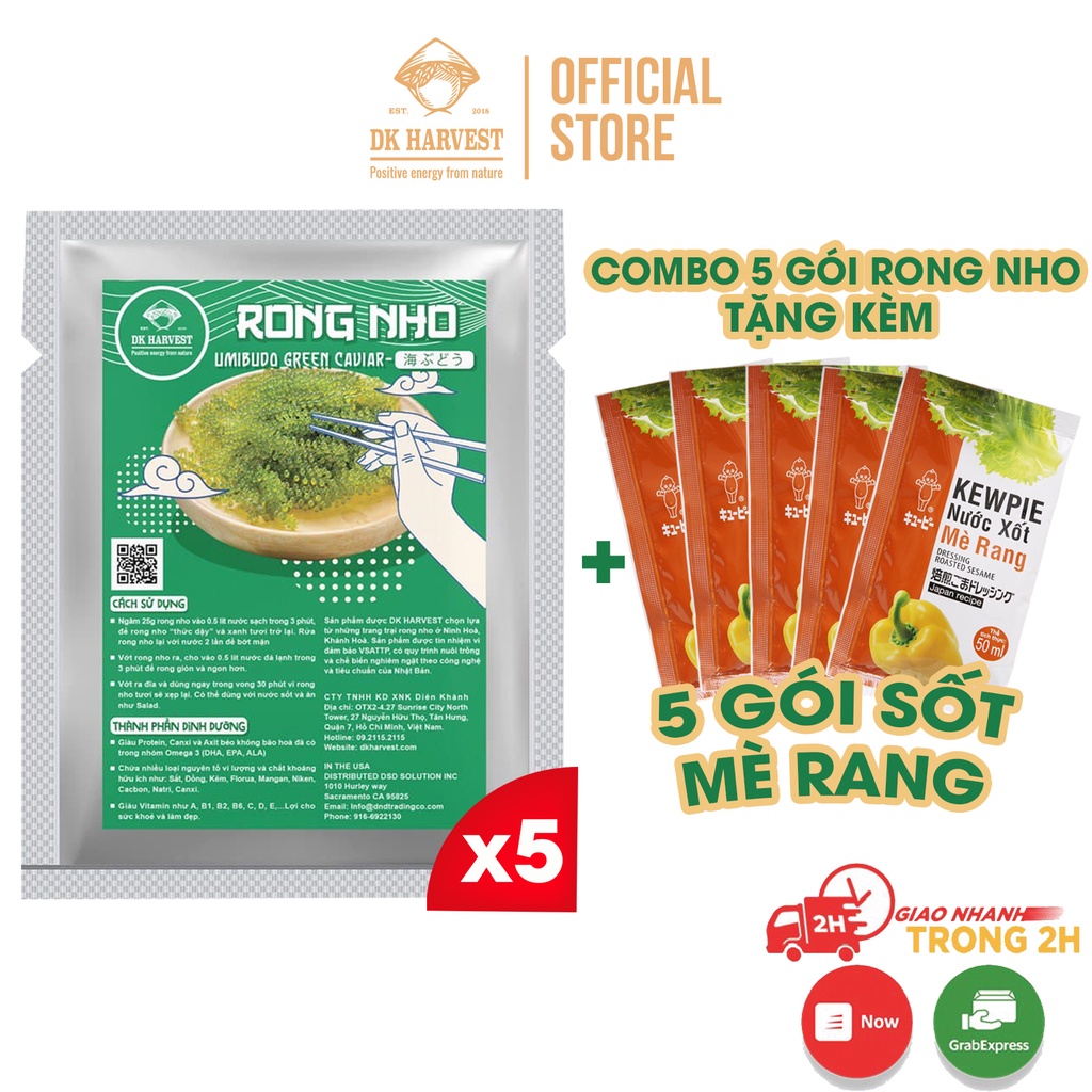 COMBO 5 Gói Rong Nho Tách Nước DK HARVEST - 25g/Gói - Công Nghệ Nhật Bản - Tặng 5 Gói Nước sốt mè rang