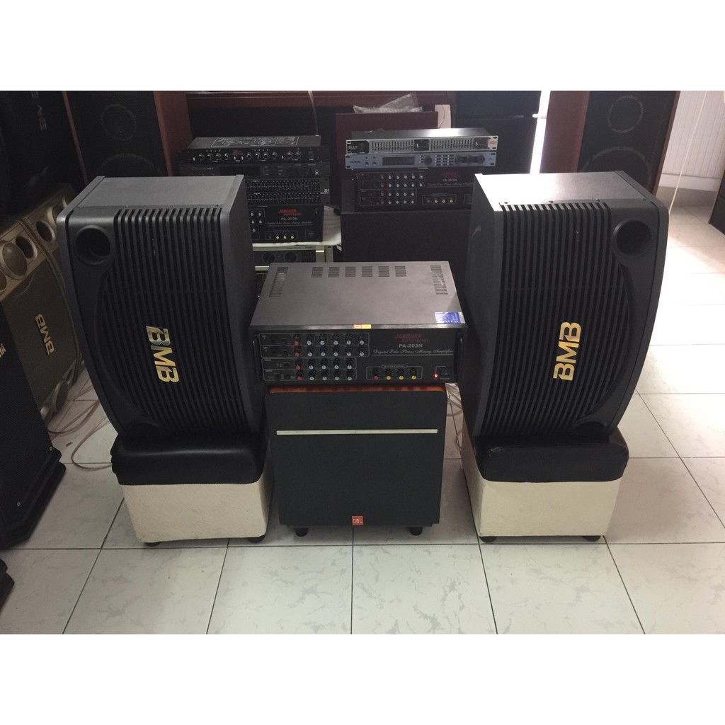 Bộ dàn loa BMB 455, kết hợp amli 203 12 sò, trầm điện JBL tặng kèm míc, dây kết nối các kiểu về chỉ việc hát ạ