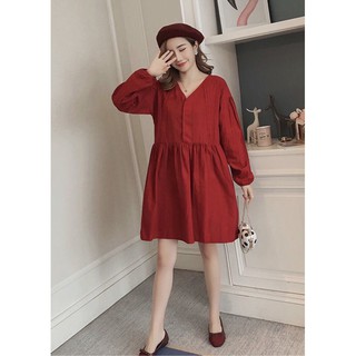Đầm váy freesize babydoll đỏ tay dài viền ren