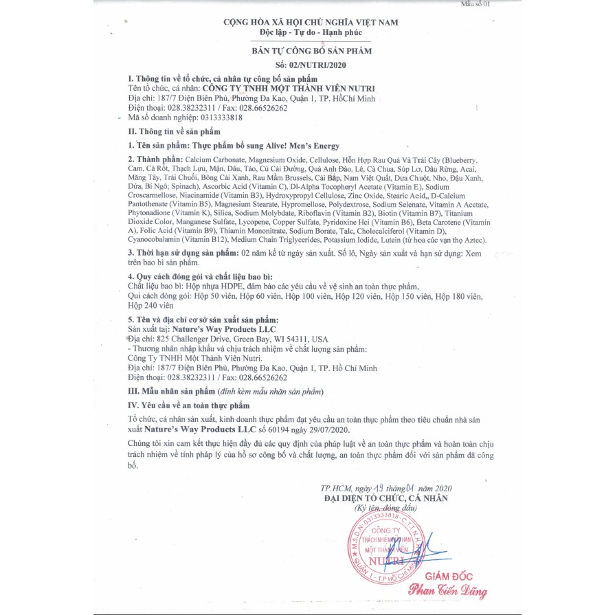 Vitamin bổ sung cho Nam giới Alive men Energy 50 viên