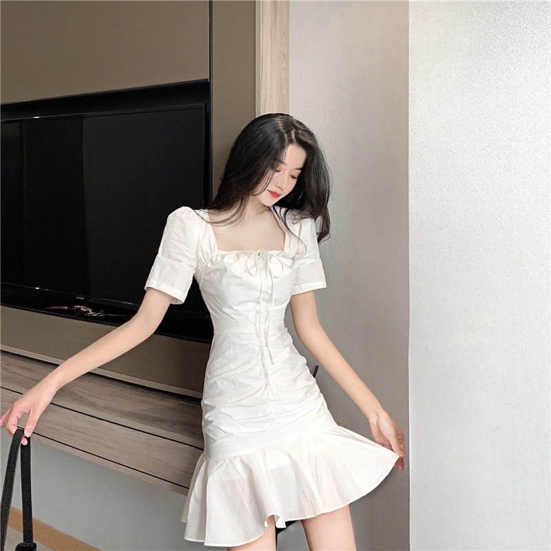 Váy mini cổ vuông phối dây thắt nơ thời trang phong cách Pháp cho nữ | BigBuy360 - bigbuy360.vn