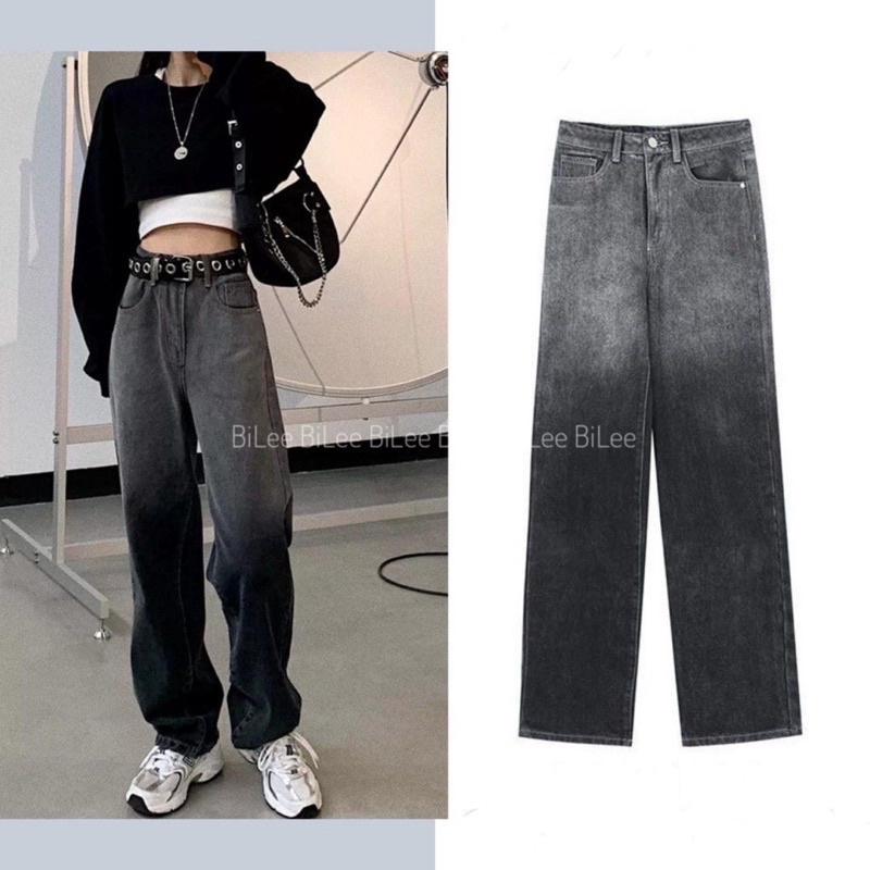 Quần jeans ống rộng lưng cao loang màu xám đen, ảnh thật