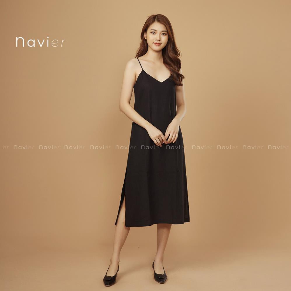 VÁY 2 DÂY DÀI SUÔNG XẺ TÀ HAI BÊN - ĐẦM HAI DÂY XUÔNG MAXI - LINEN CAMISOLE DRESS D01 NAVIER , ་