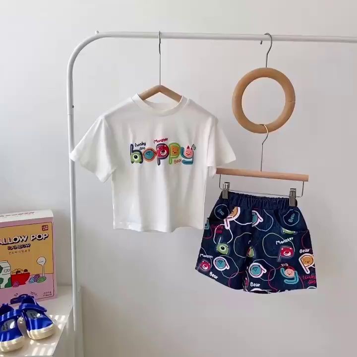 Áo Thun 100% Cotton Tay Ngắn Cổ Tròn In Họa Tiết Hoạt Hình Phong Cách Hàn Quốc Cho Bé Trai