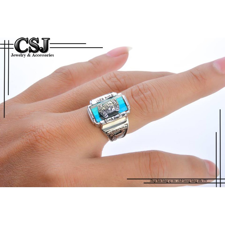 NHẪN NAM INOX SƯ TỬ 1973 ĐÁ XANH NƯỚC BIỂN siêu đẹp - tặng hộp đựng nhẫn xinh xắn