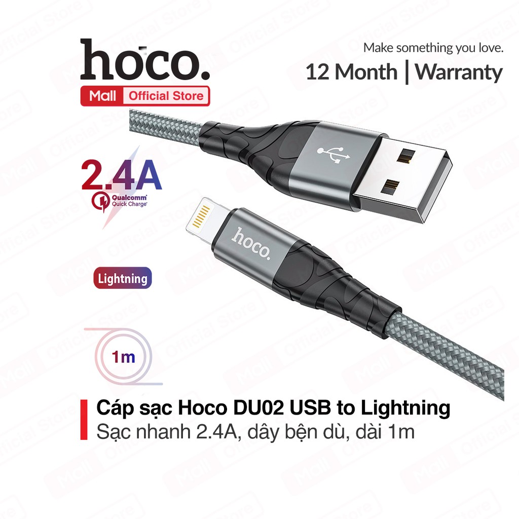 Cáp sạc Hoco DU02 USB to Lightning sạc nhanh 2.4A, dây bền dù chống đứt, dài 100cm