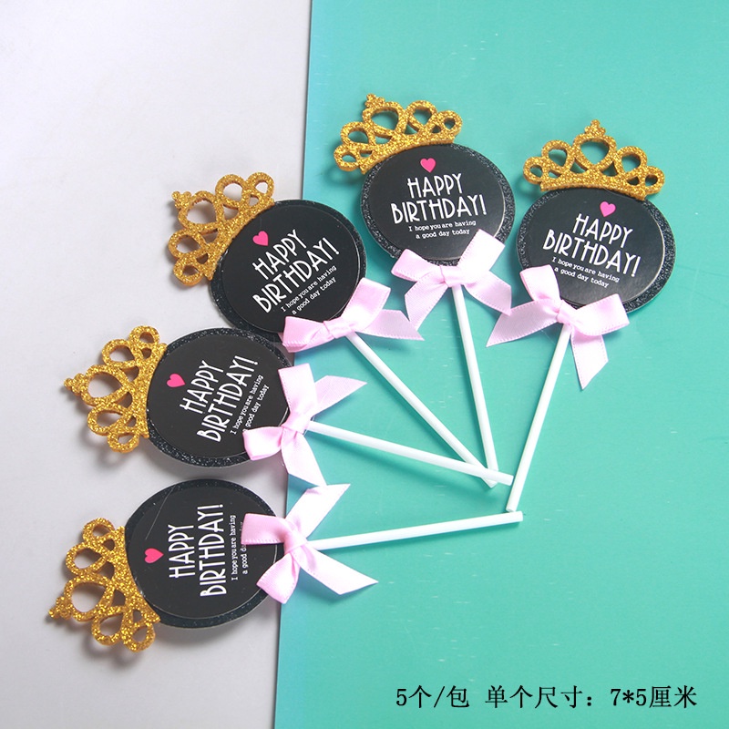 Phụ kiện bánh sinh nhật bánh kem - Set 5 thẻ cắm giấy hpbd tròn, hoa vương miện