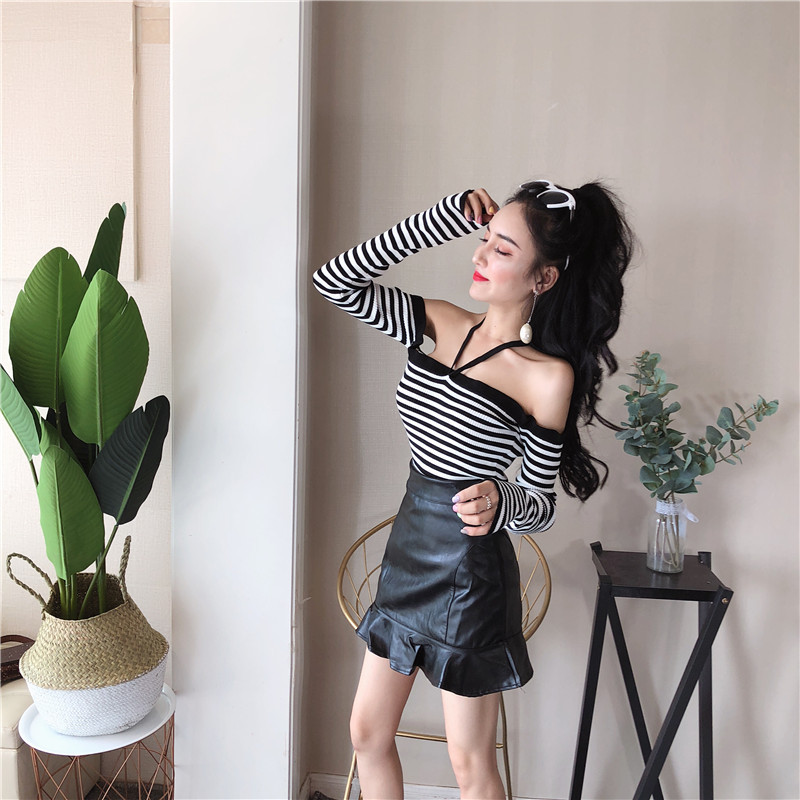 Áo dệt kim tay dài kẻ sọc trắng đen gợi cảm dành cho nữ